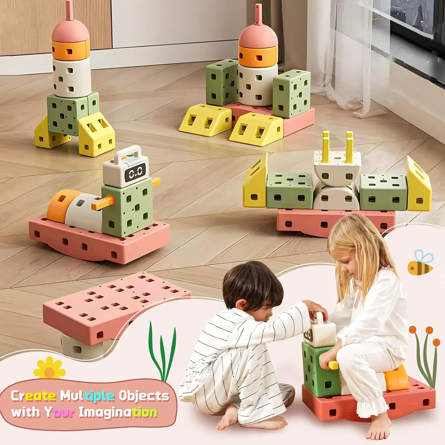 DIY Giant Building Blocks Set for Toddler - Big Stacking Soft Blocks with 8 Wheels for Kids with Shape & Color Learning - Large