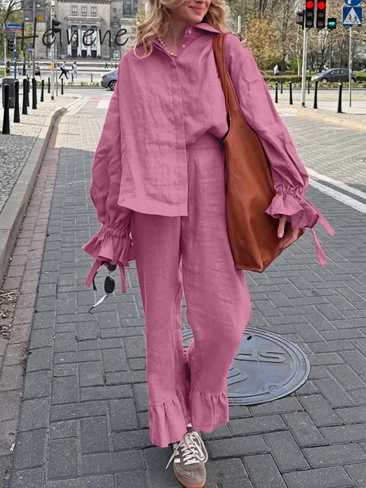 

Heinene Cotton Lapel Flare Sleeve Knit Co-ord Set With Ruffled Hem Wide Leg Pants Streetwear Outfit 2025 Fall Women's Two Piece