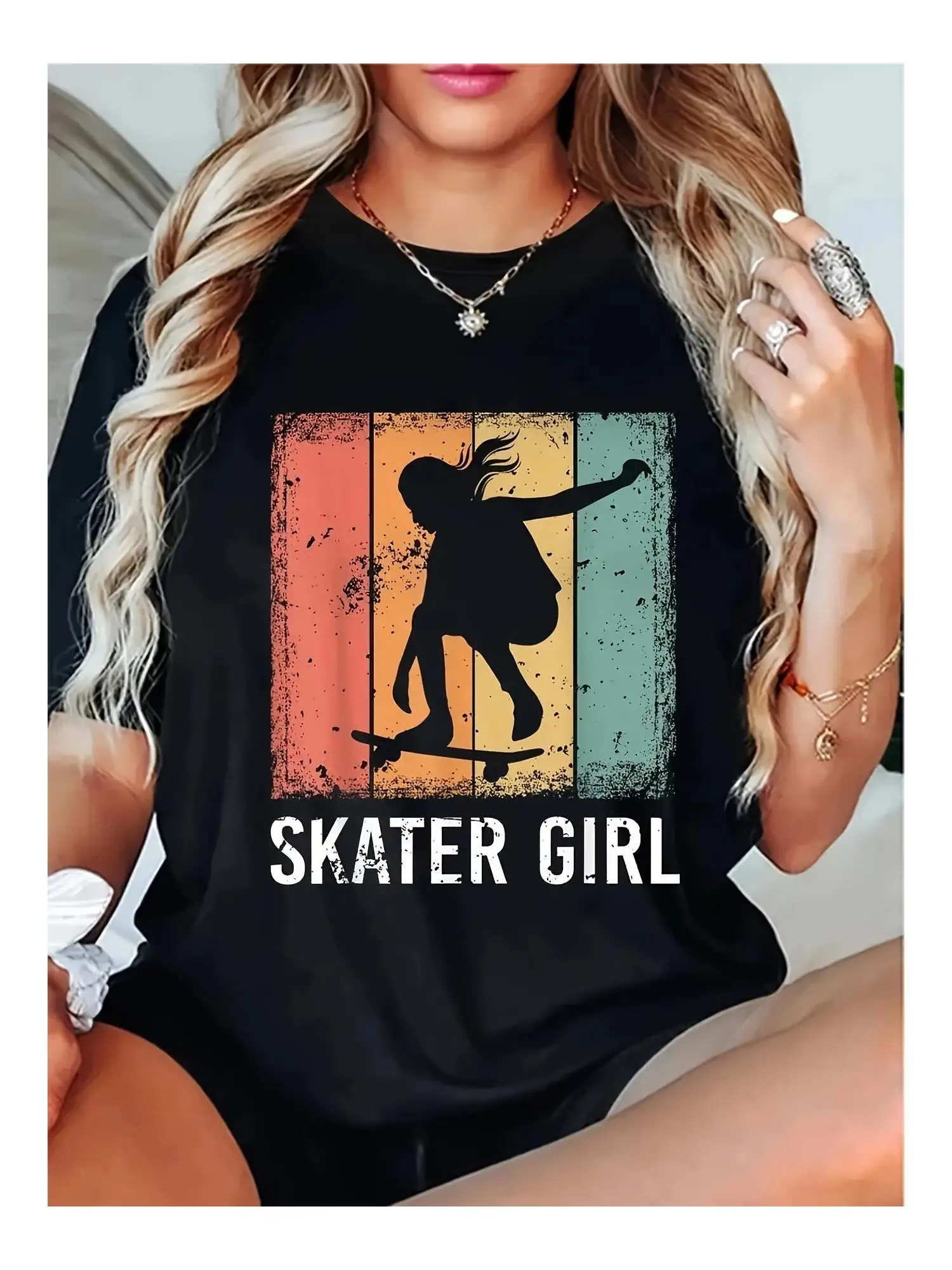 

Women'S T-Shirt Casual Black Short Sleeve Tee with "SKATER" Print Colorful Striped Design Perfect for Spring/Summer/Fall