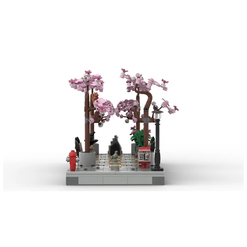 MOC Building Blocks Cherry Blossom Alley Japanese Street View Pink Spring DIY Assembly Brick Set Desktop Collectible Display