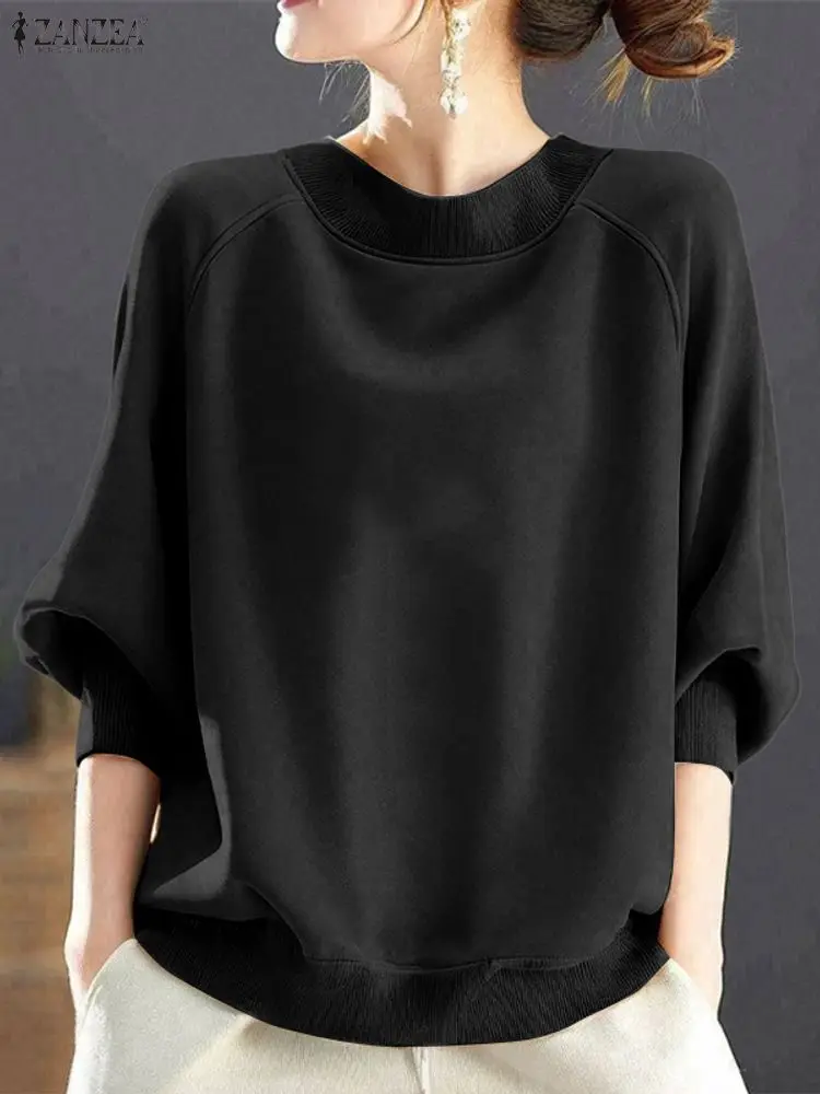 ZANZEA 2025 Herfst Raglanmouwen Sweatshirts Womens Casual Ronde Hals Lange Mouw Effen Kleur Lint Hoodies Gezellige Tops