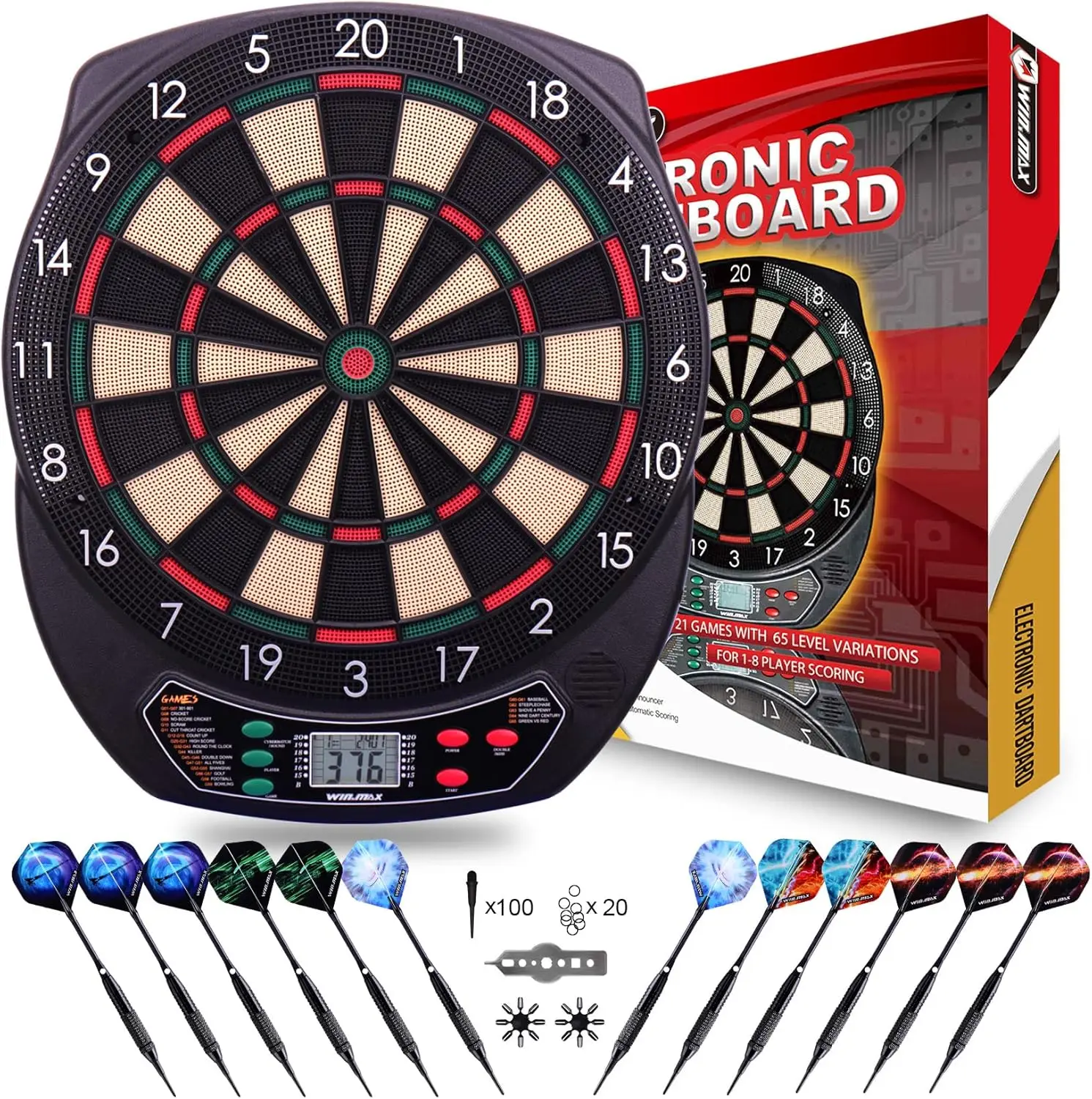 Electronic Dart Board Soft Tip Dartboard Set LCD Display with 12 Darts 100 Tips Power Adapter