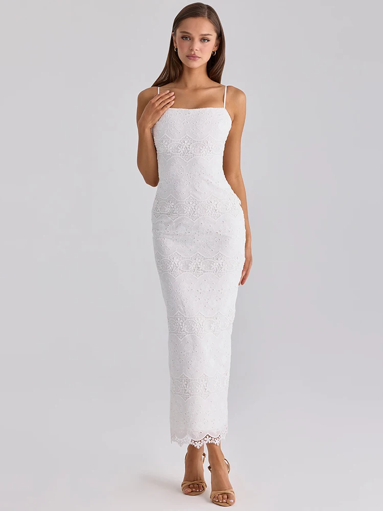 

Mozision Women White Lace Midi Dress Spaghetti Strap Square Neck Bodycon Wedding Guest Cocktail Party Elegant Evening Dress