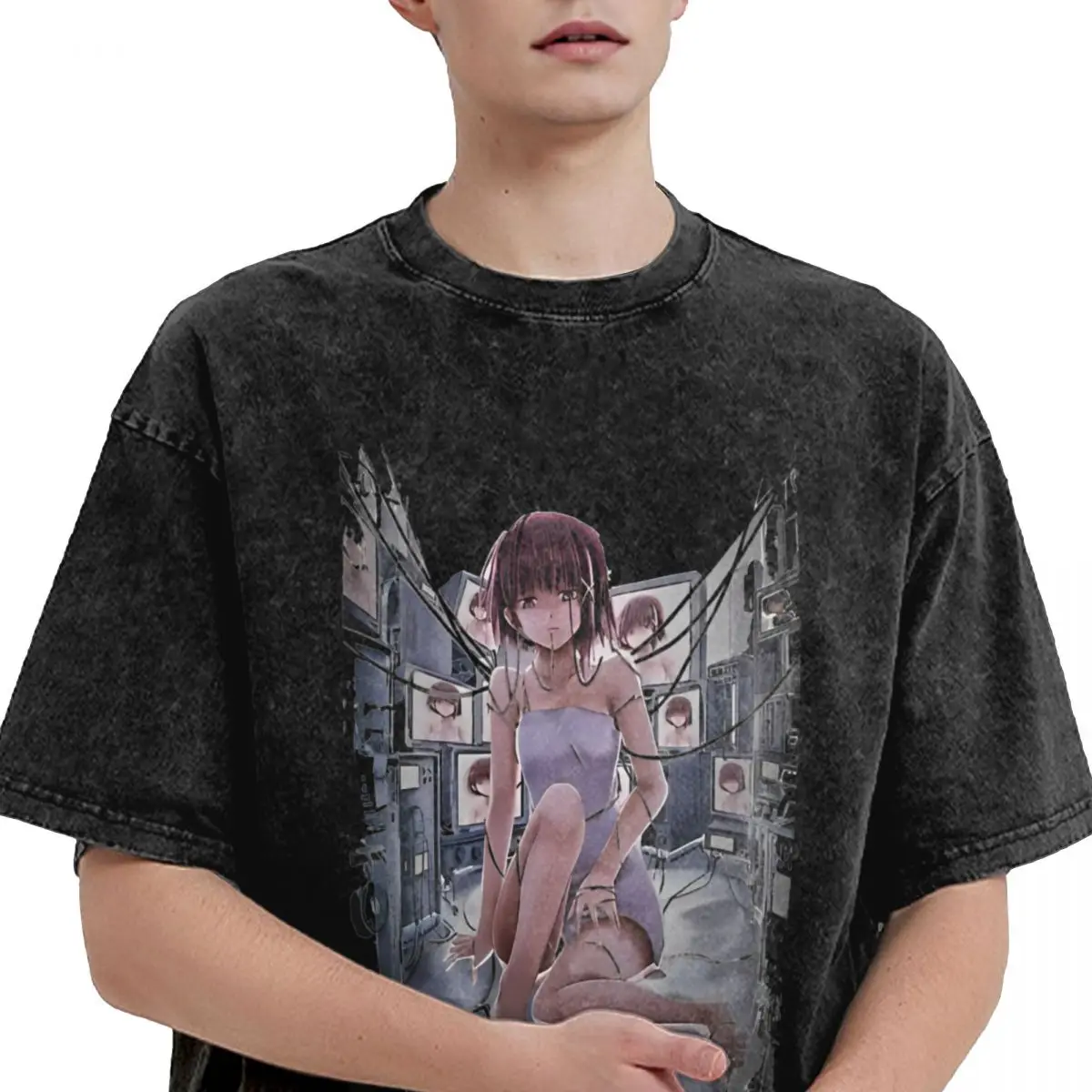 Lain Iwakura Serial Experiments Lain Washed T Shirts Novelty T-Shirt Aesthetic Tees Tops Men Women Short Sleeve Harajuku Graphic