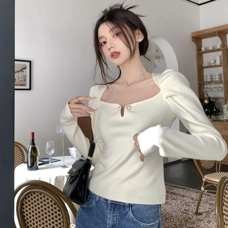 Camisetas con cuello cuadrado para mujer, diseño sólido, moda coreana única, combina con todo, corte entallado, interior de punto, informal, Popular, Otoño Invierno