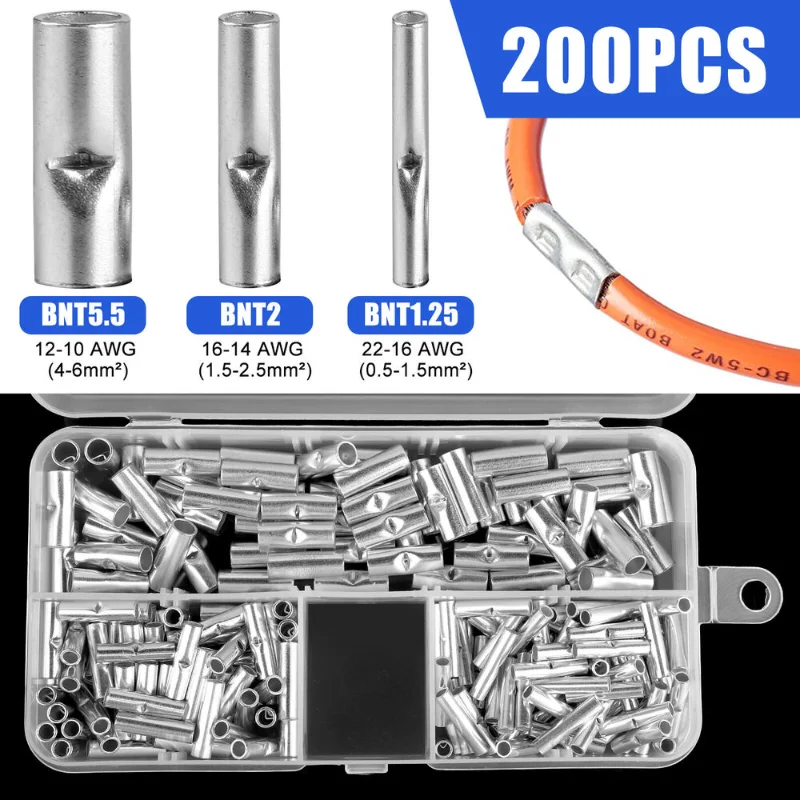 

200PCS Non-Insulated Butt Wire Connector Ferrules Electrical Cable Terminal Copper Bare Tinned Crimp Terminal 0.5-6mm2 22-10AWG