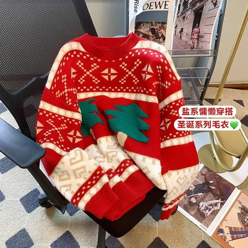 

Women Autumn Winter New Christmas Printed Pattern Breeze Loose Sweater Thickened Round-neck Knitted Pullover Sweet Warm Sweater