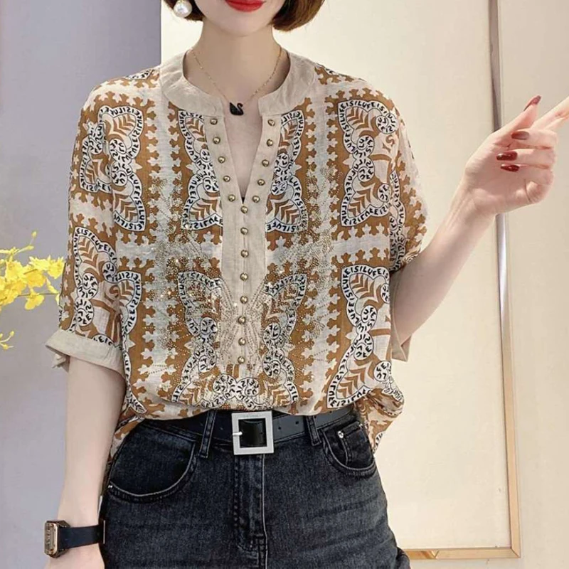 2023 Women Vintage Rhinestone Print Patchwork Blouse Summer Fashion V Neck Short Sleeve Shirt Casual Loose Pullover Tops Blusas