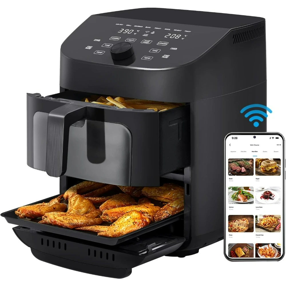 

Dual Basket Air Fryer Oven 11 Quart 8 in 1 Functions, Clear Window, Smart Sync Finish, Works with Alexa, Wi-Fi Connectivity