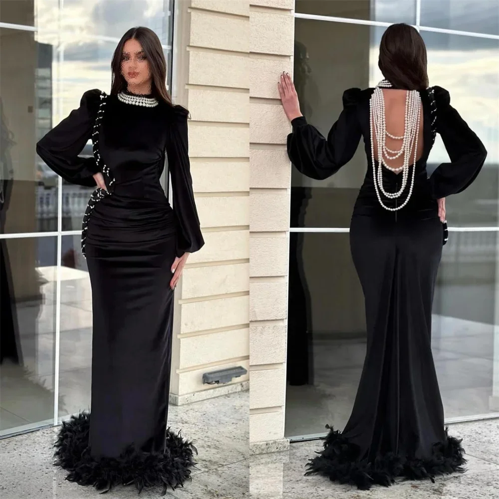 Prom Gown Evening Formal Dress Scoop Neckline Column Floor Length Open Back Skirts Hugging Beading Bespoke Occasion Dresses Saud