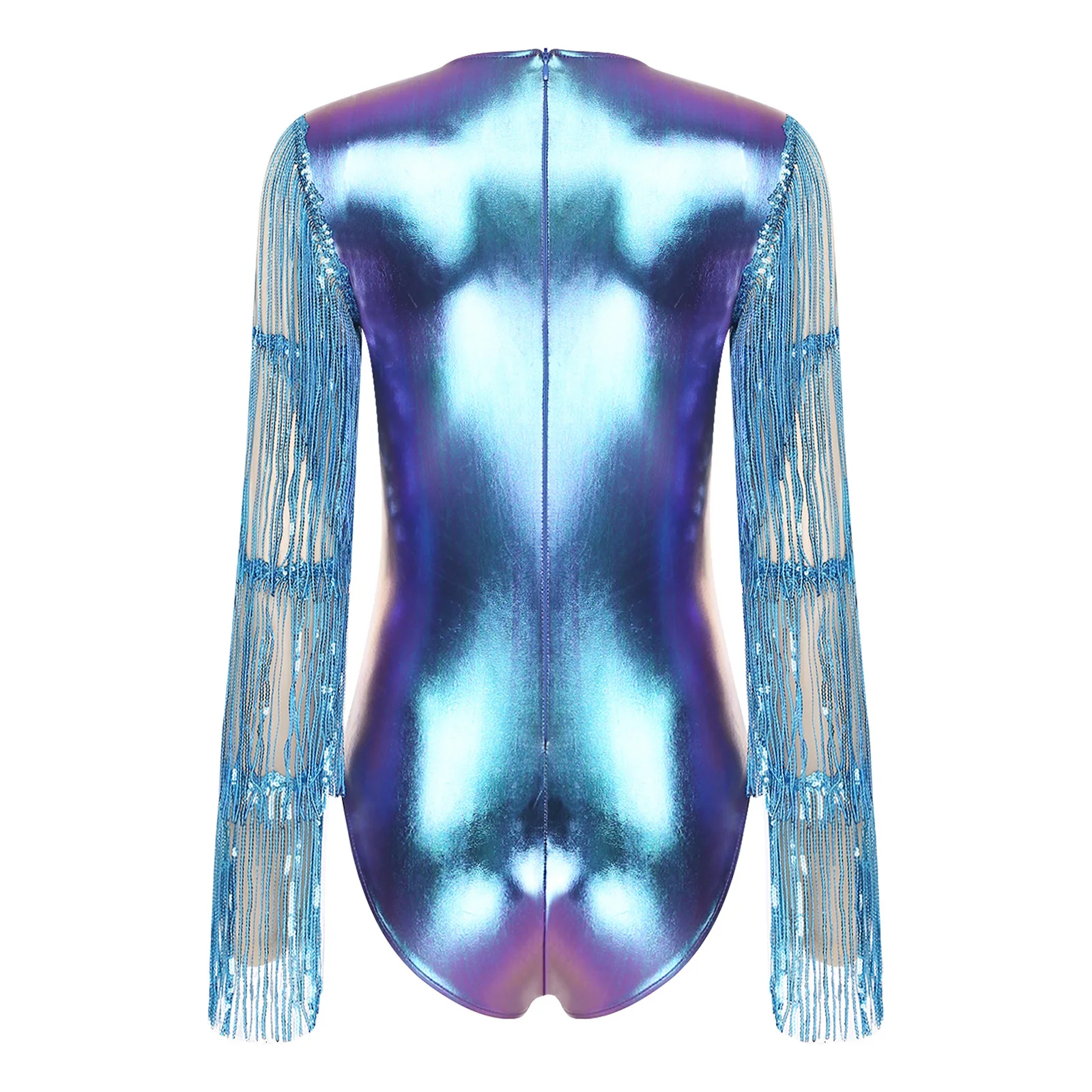 ชุดบอดี้สูทผู้หญิงแบบเมทัลลิกเงาวาวสำหรับเต้นแจ๊สบนเวที  ประดับเลื่อมระยิบระยับ  คอวี  แขนยาว  ผ้าตาข่าย  จั๊มสูทเข้ารูป  ชุดคลับแวร์