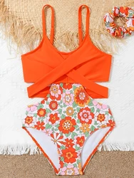2026 Print Hollow Cross Girls Swimsuit One Piece Kids Swimwear Female Children's Bathers Bathing Swimming Swim Suit Beachwear