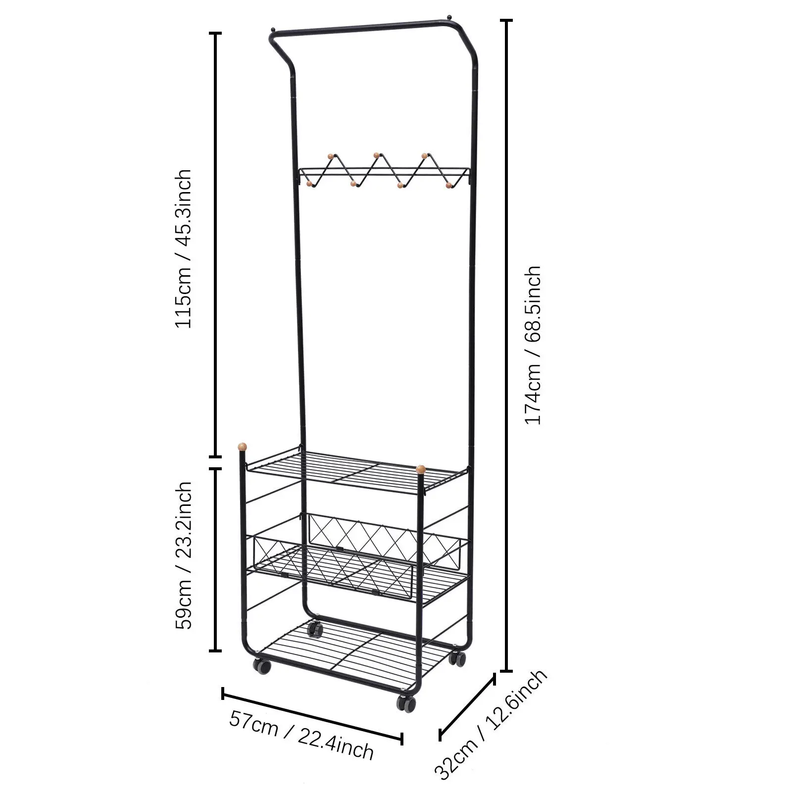 3-Tier Vestuário Rack com cesta de metal, 3-em-1 roupas de rolamento Rack, 7 ganchos