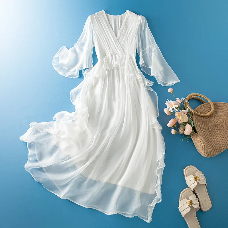 AYUNSUE 100% Zijde Dames Casual Jurken Elegante V-hals Jurken voor Vrouw Zomerjurken Strandoutfits Vrouw Kleding Vestidos