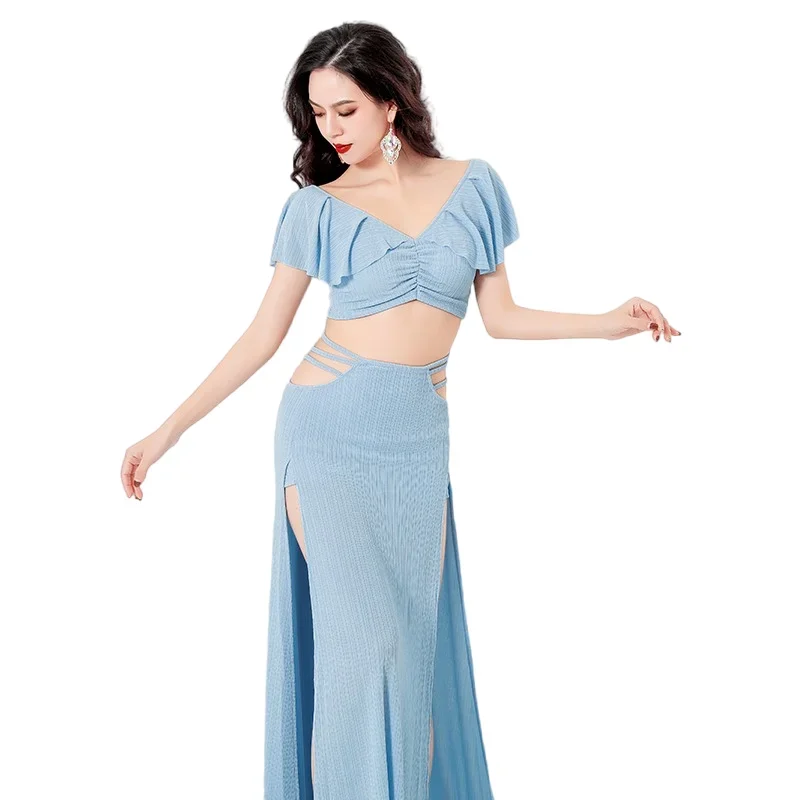 Bellydance Costume Women Ruffle Sleeve Sweet Performance Skirt Sexy High Waist Side Split Outfit Stage Show Wear Oriental Summer