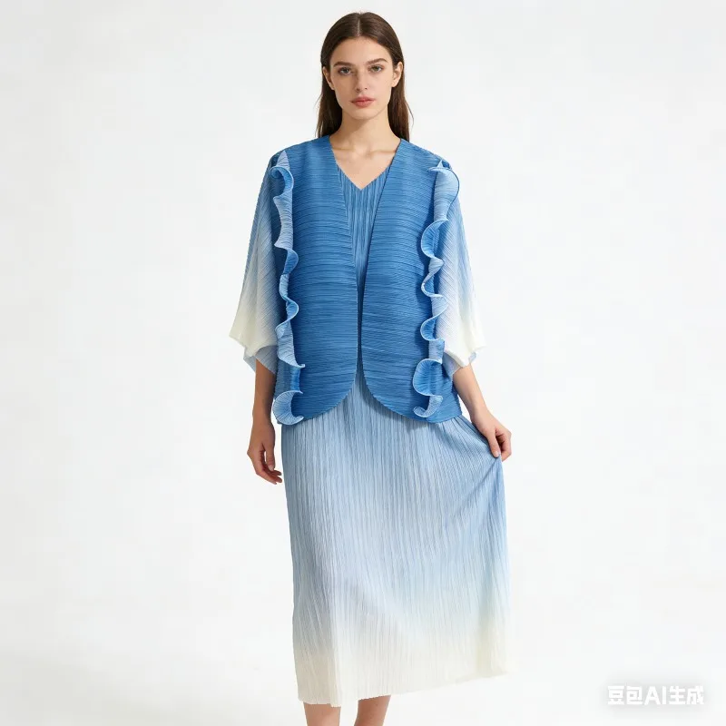 

Miyake Pleated Dress Set 2026 Gradient Color Wooden Earring Pleats Cardigan Jacket Sleeveless Dress 2 Piece Plisse Women's Set