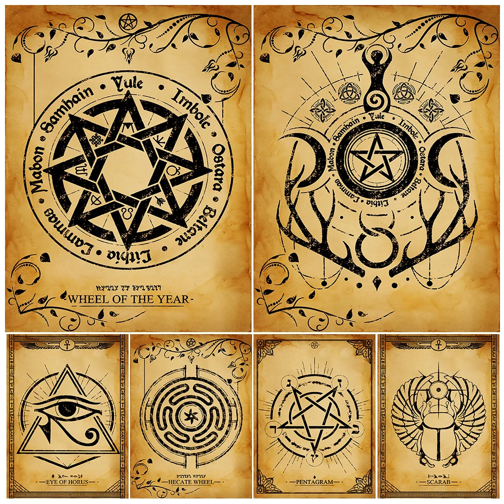 Ojo de Horus, pentagrama, diosa espiral, pintura en lienzo, Wicca, Rueda del Año, arte de pared, encanto de bruja, Póster Artístico impreso, decoración del hogar