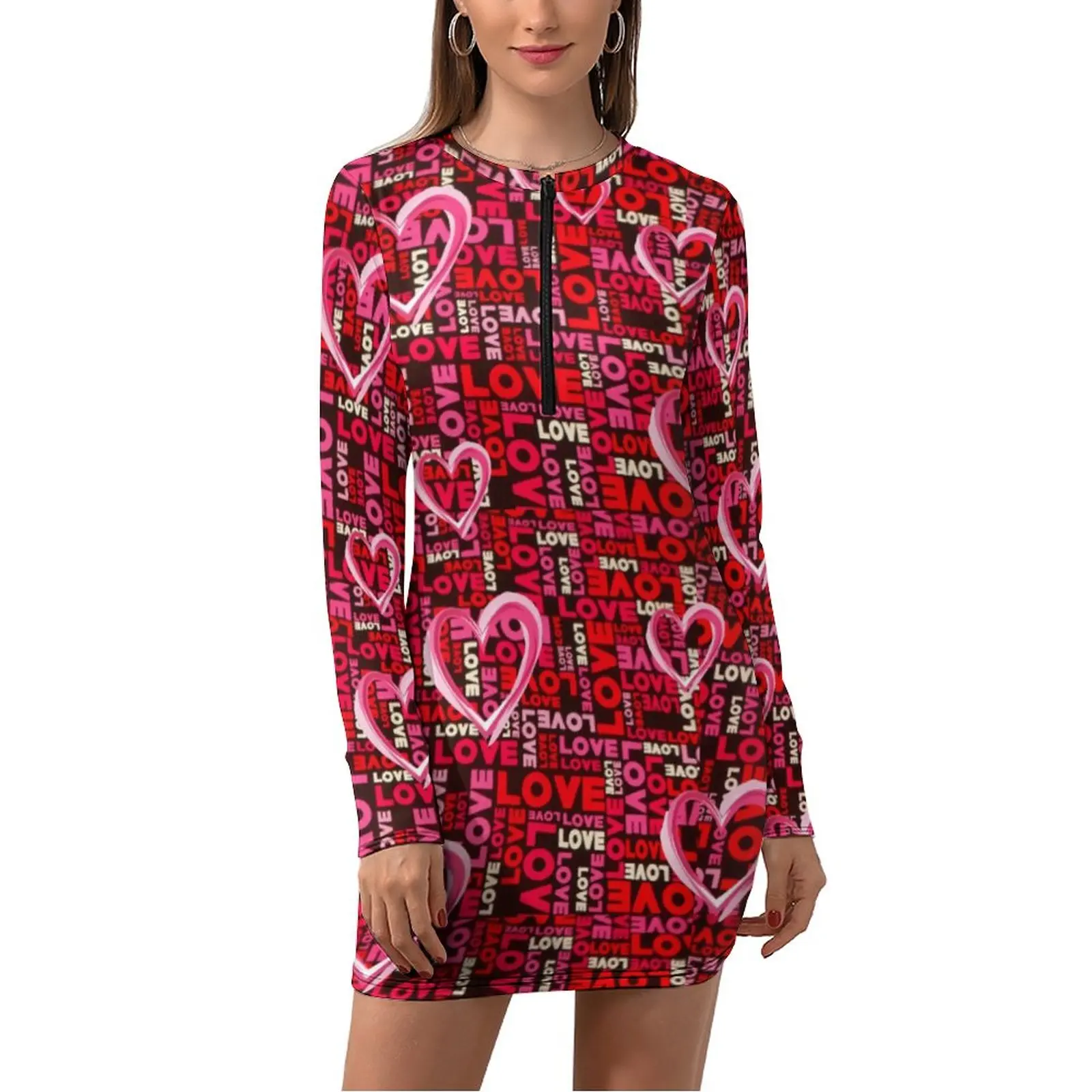 Red Heart Print Dress Long Sleeve Cute Valentines Day Cute Dresses Spring Womens Street Style Print Bodycon Dress Big Size 2XL