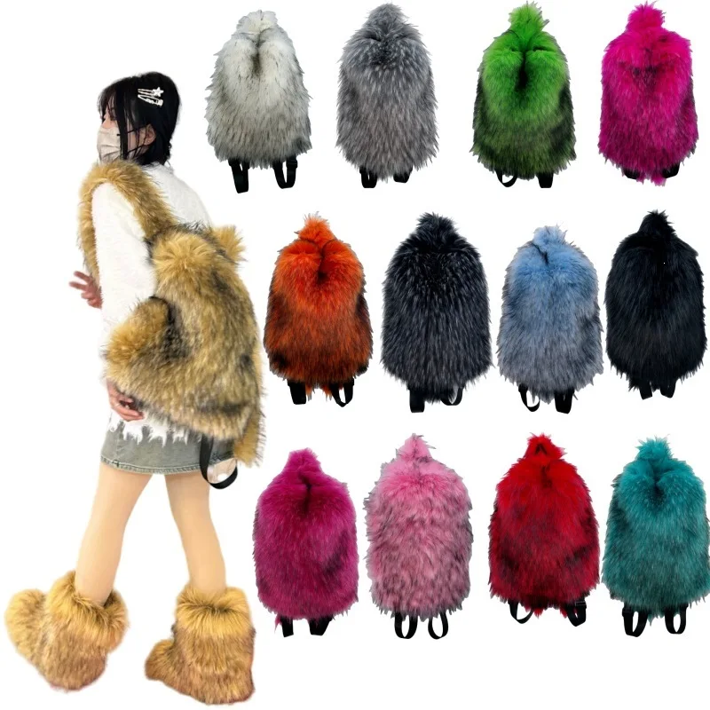 Women Long Fluffy Faux Fur Backpack Y2K Winter Warm Plush Rucksack Fashion Multicolor Drawstring Shoulder Bag
