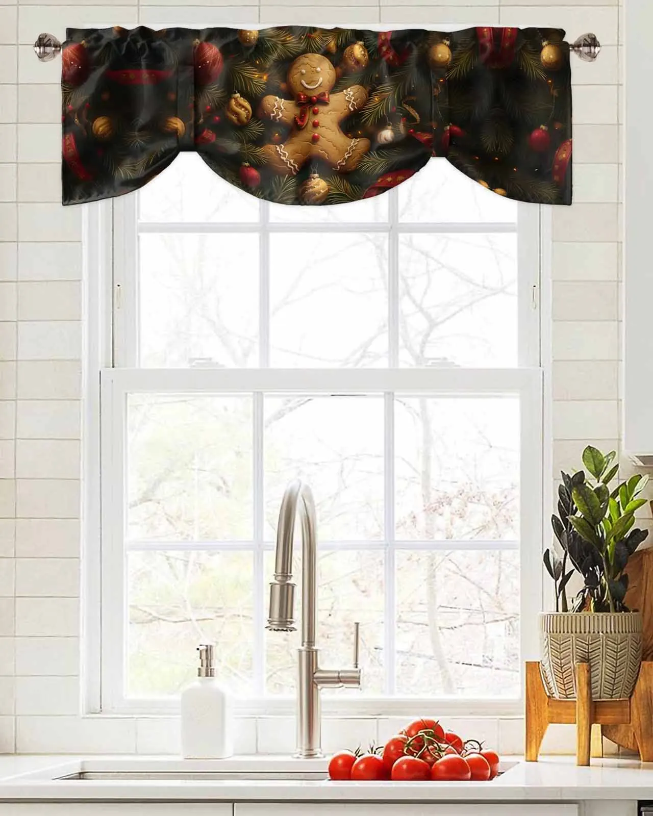 Christmas Lights Gingerbread Man Window Curtain Living Room Kitchen Cabinet Tie-up Valance Curtain Rod Pocket Valance