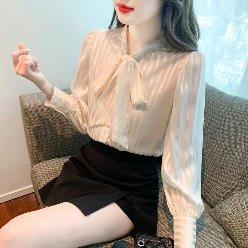 Korean Style Striped Long Sleeve Chiffon Blouse for Women Autumn2025Autumn New Fashion Bowknot Stylish Versatile Top