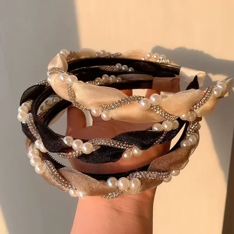 Double Pearl Rhinestone Headband Lace Braided Hairband Hair Hoop Korean Crystal Headbands for Women Girl Hair Accessories