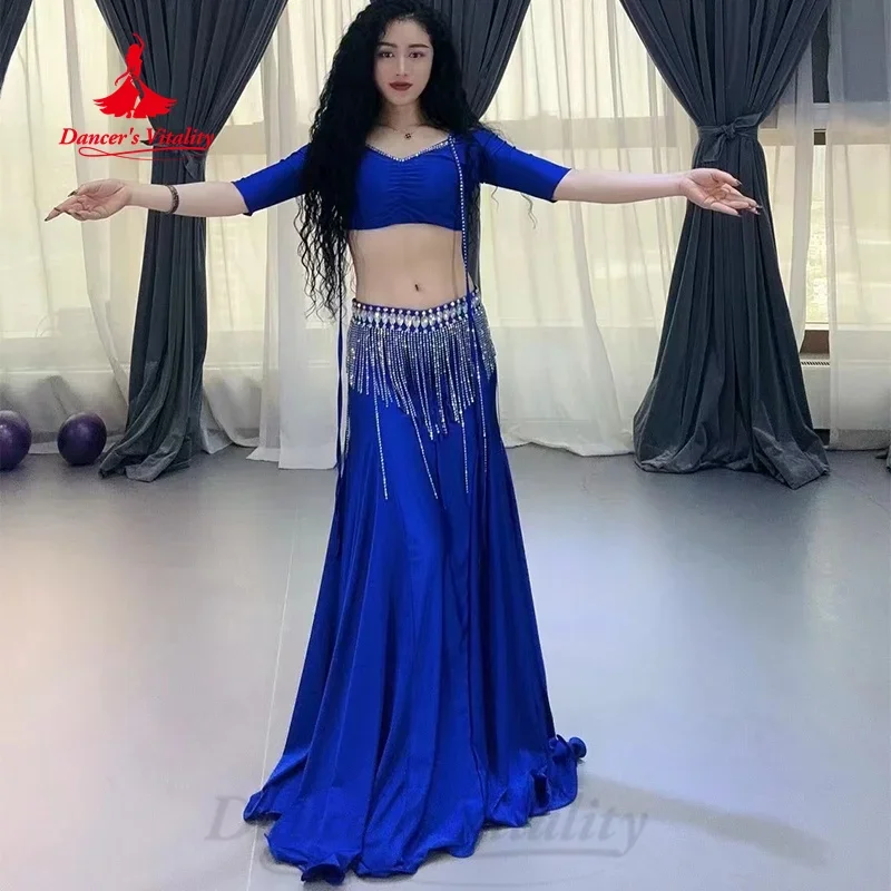 

BellyDance Set Women Customized V-neck Short Sleeved Top+Tassel Long Skirt 2pcs Oriental Dance Professional Performance Costumes