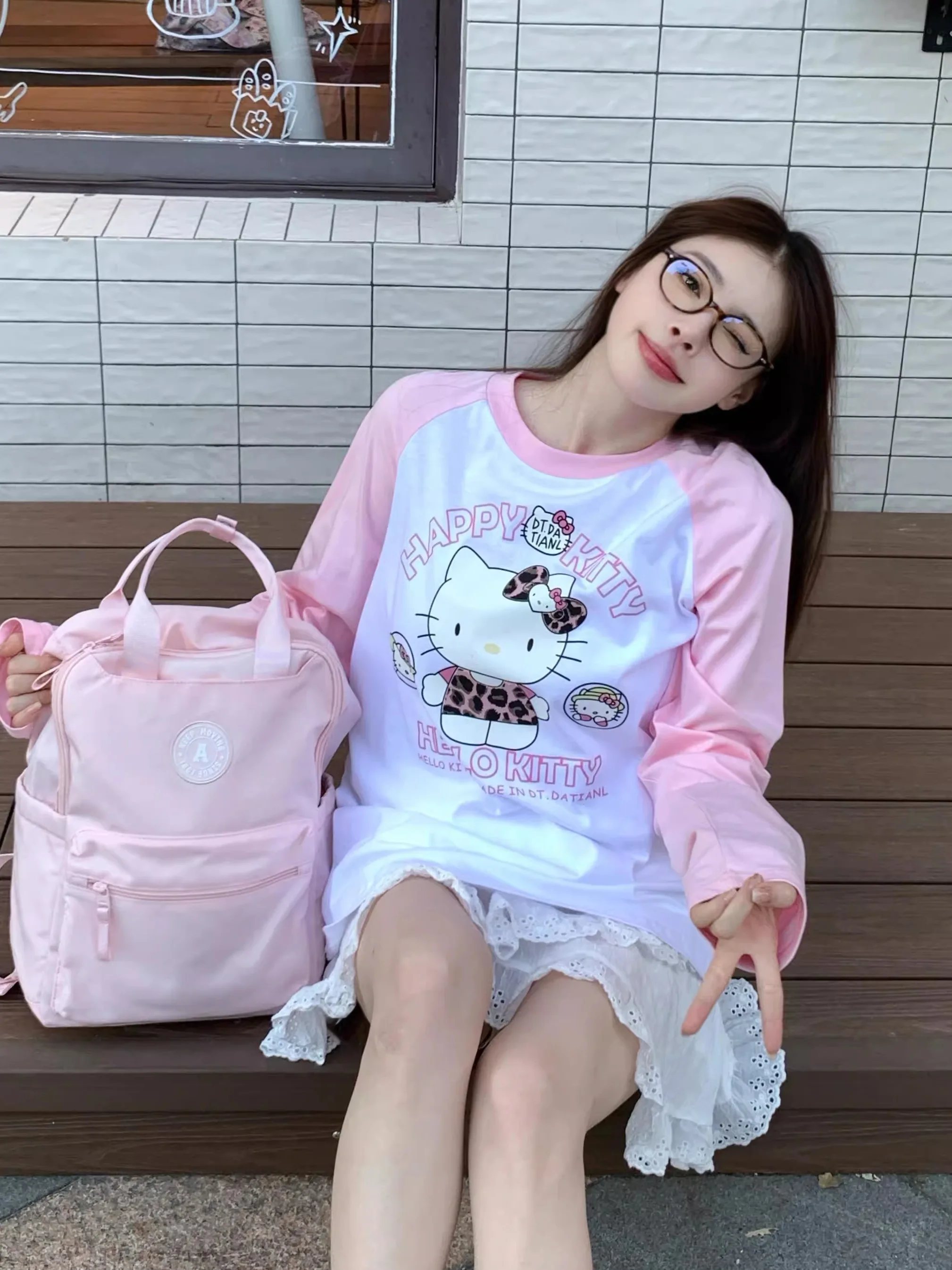 Dongjin Hot Korean Sle Leopard Print Kit Cartoon Rosa Lange Sve Lose Casual T-shirt frauen Lose Fit Baumwolle T