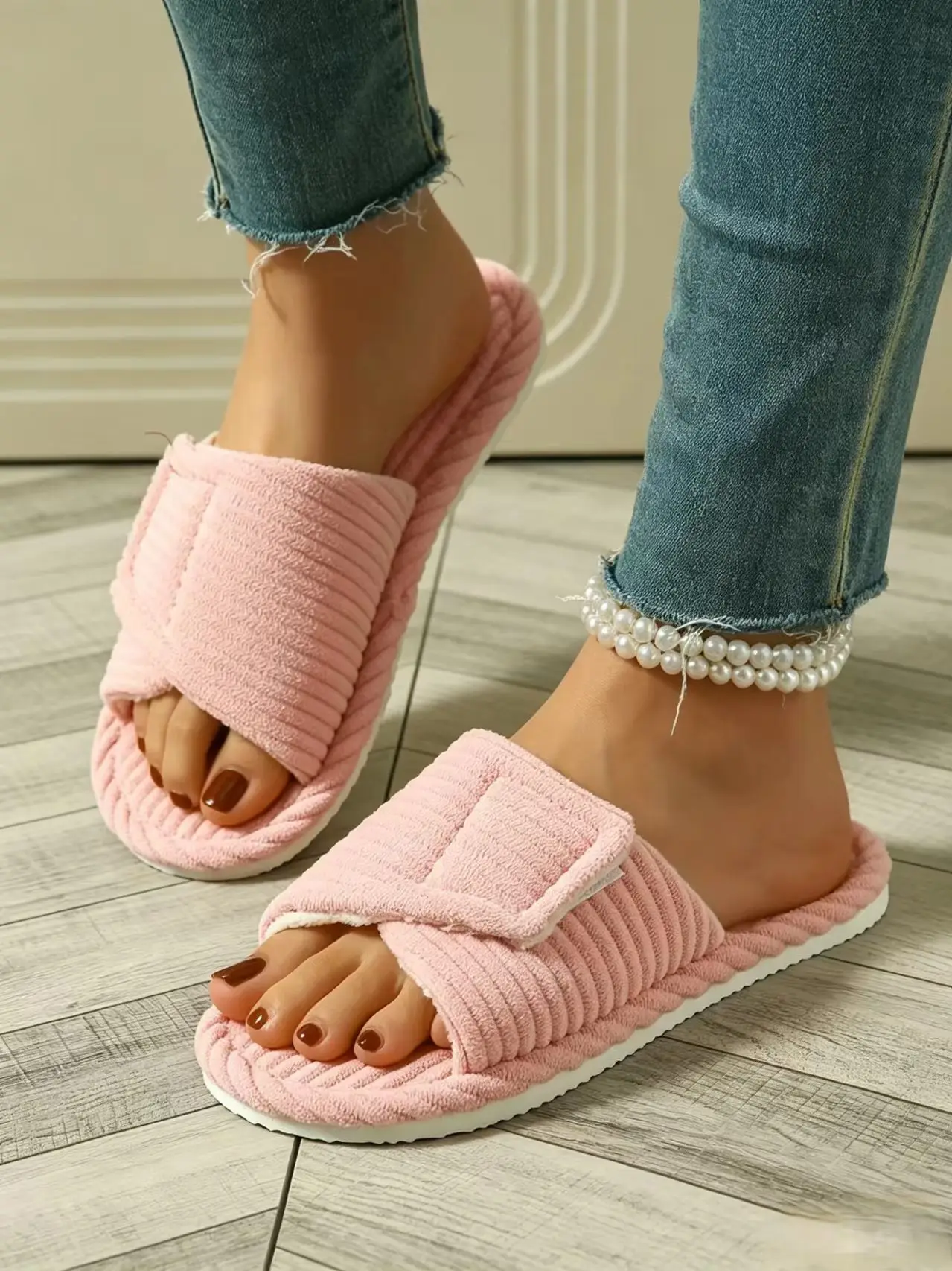 

Women's Velcro Slippers, Adjustable Open-Toe Non-Slip Home Slippers, Soft-Soled Indoor Floor Slippers for Pregnant Women, Large Size
