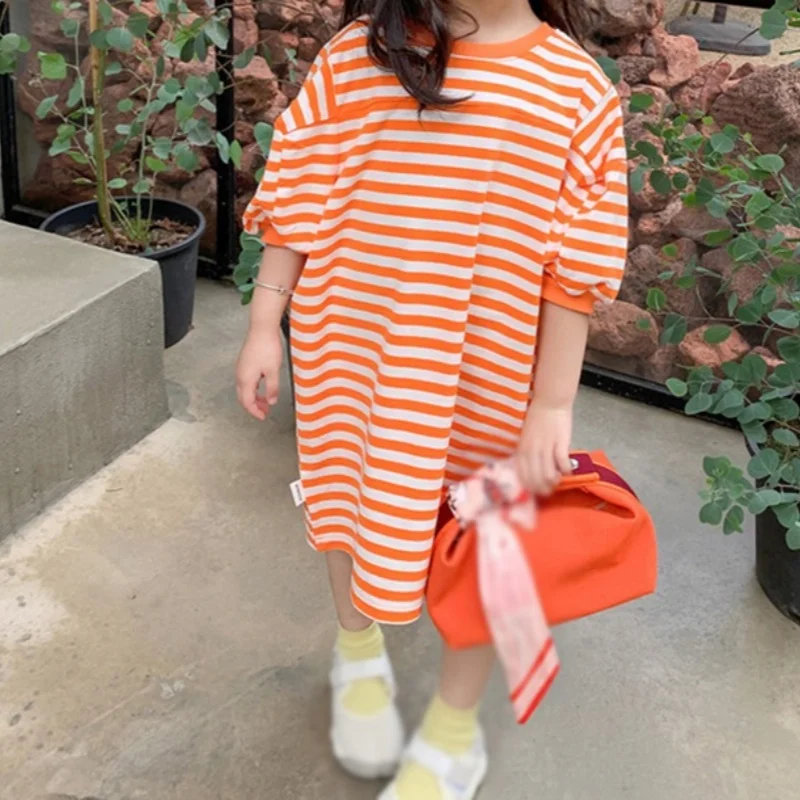 Toddler Girls Striped Dress O-neck Loose T-shirt Dress Children Outfits Half Puff Sleeve Long Length Pullover 3-8T