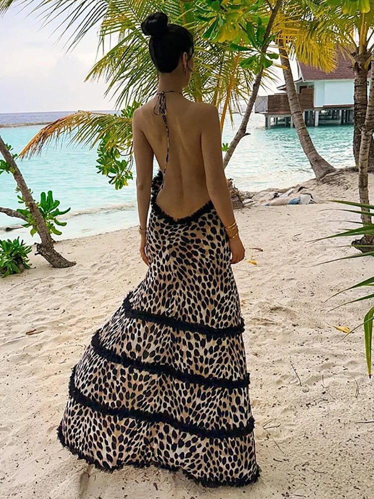 JULISSA MO Sexy Backless Print Leopard Halter Women Maxi Dress Hollow Out Evening Dress Summer Skinny Elegant Beachear Vestidos