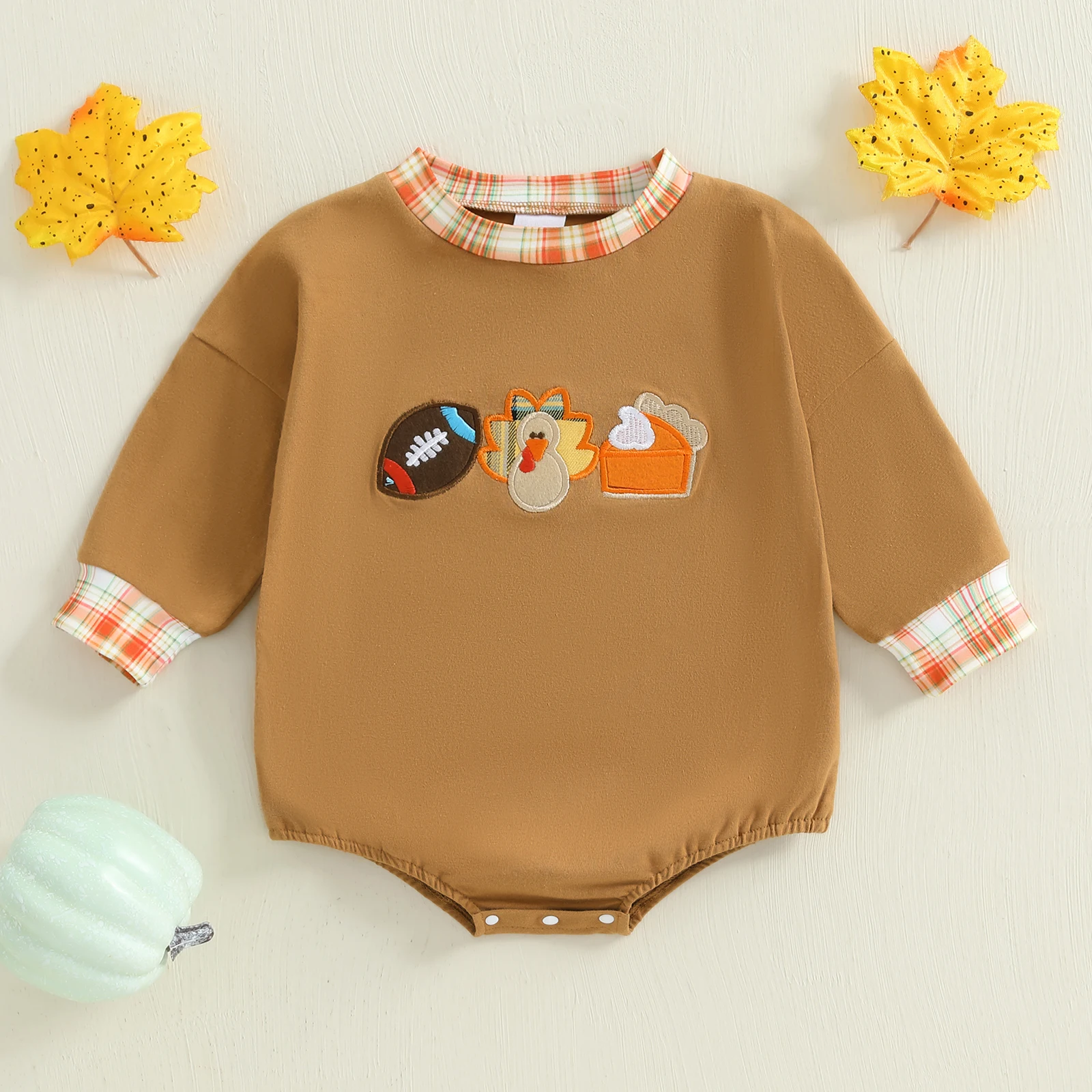 

Baby Boy Girl Thanksgiving Romper Turkey Football Plaid Trim O-Neck Long Sleeve Bodysuit Cute Clothes