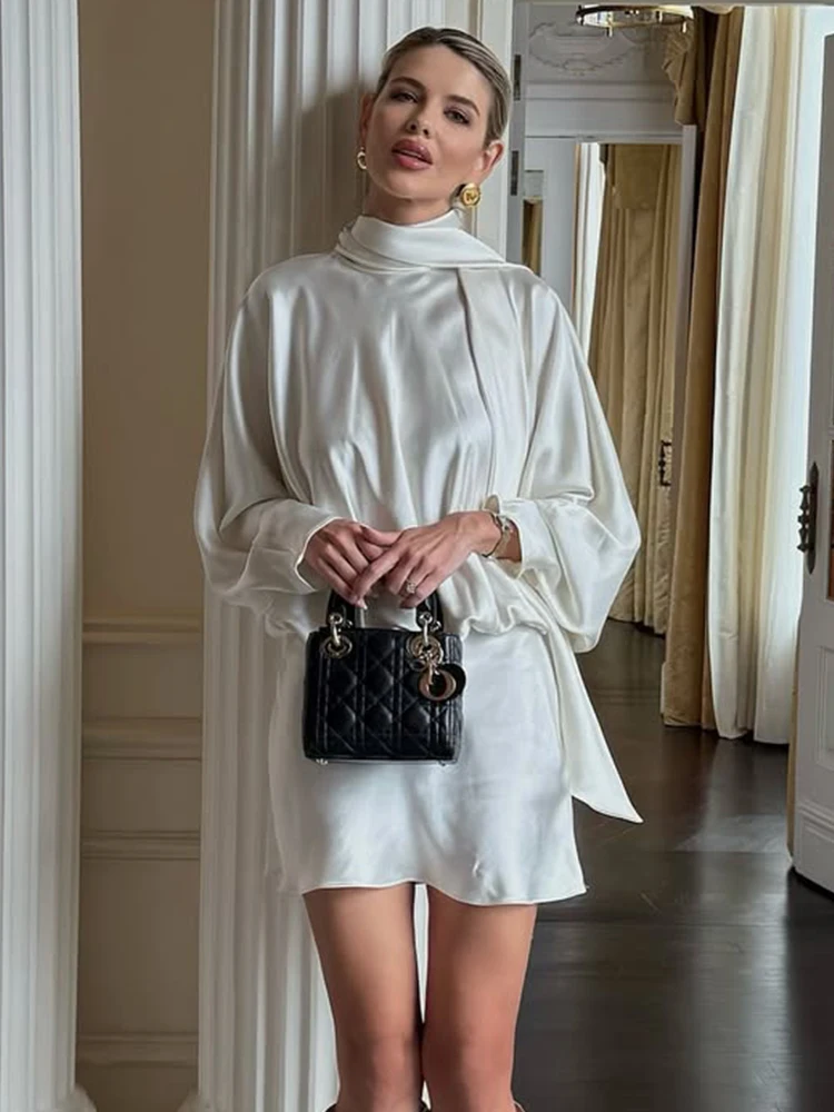 트렌딕스 화이트 새틴 드레스 여성용 2025 겨울 신상 플리츠 패치워크 리본넥 미니 드레스 파티 우아한 긴팔 드레스