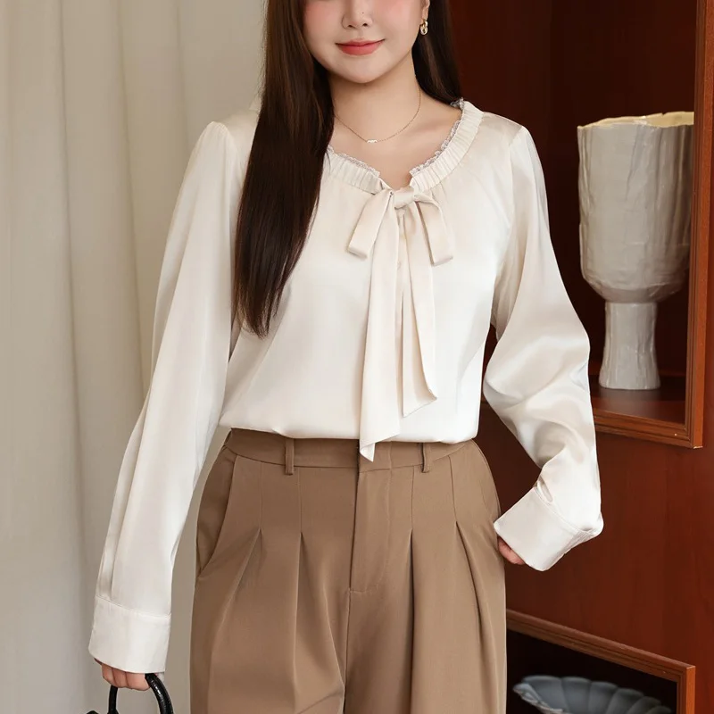 

Plus Size Women Shirt Premium high-end Lace V-neck Bow Bandage Long Sleeve Satin Blouses Elegant Stylish Commuter Autumn 2025