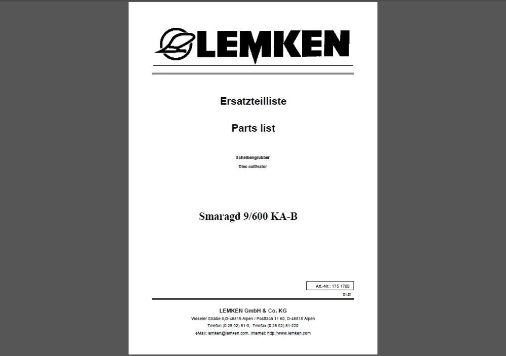 

Parts catalogs for Lemken agricultural equipment, PDF