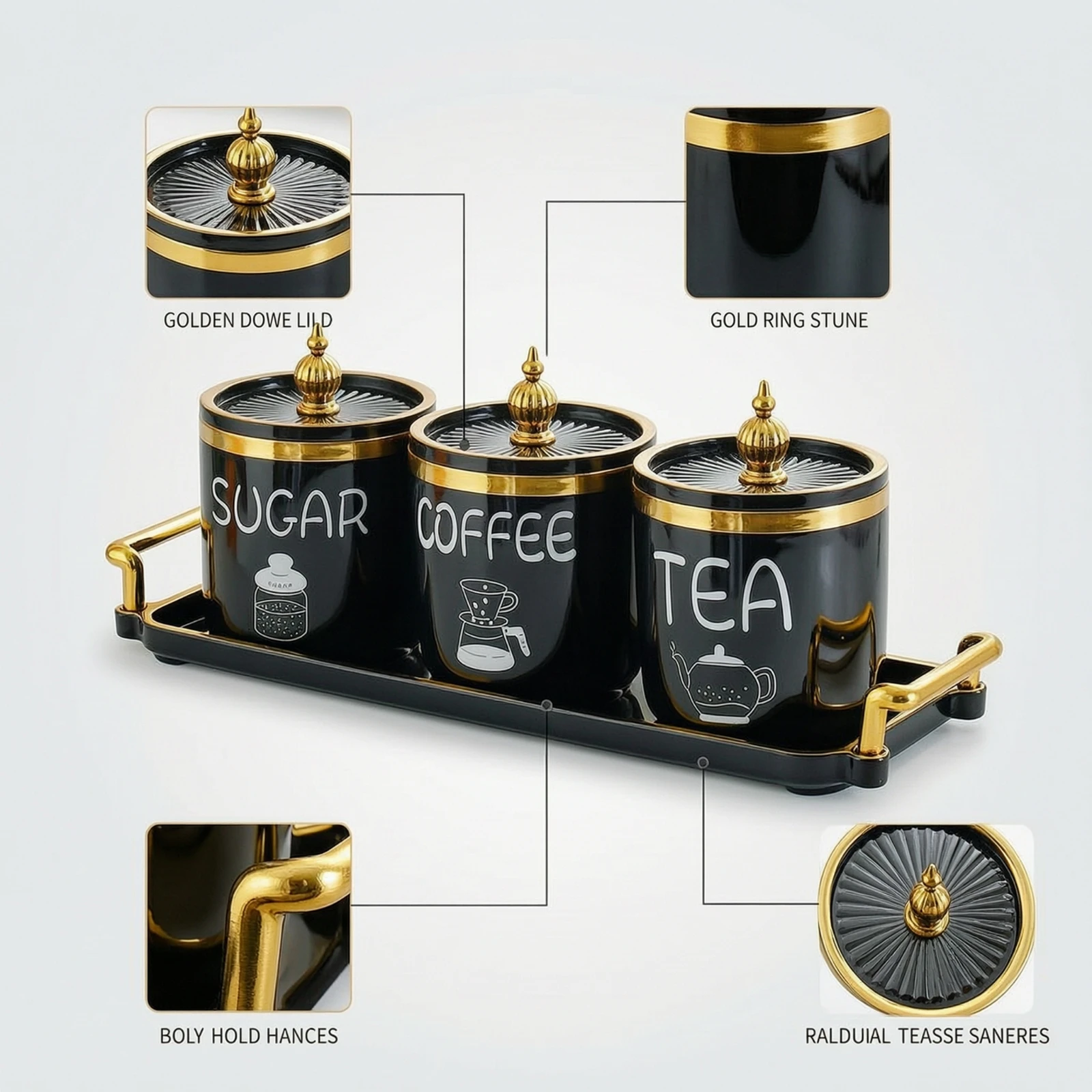 3 Pieces Canister Set with Tray Ribbed Ceramic Canister with Tray Kitchen Canisters with Lids Gold-Tone Containers Countertop
