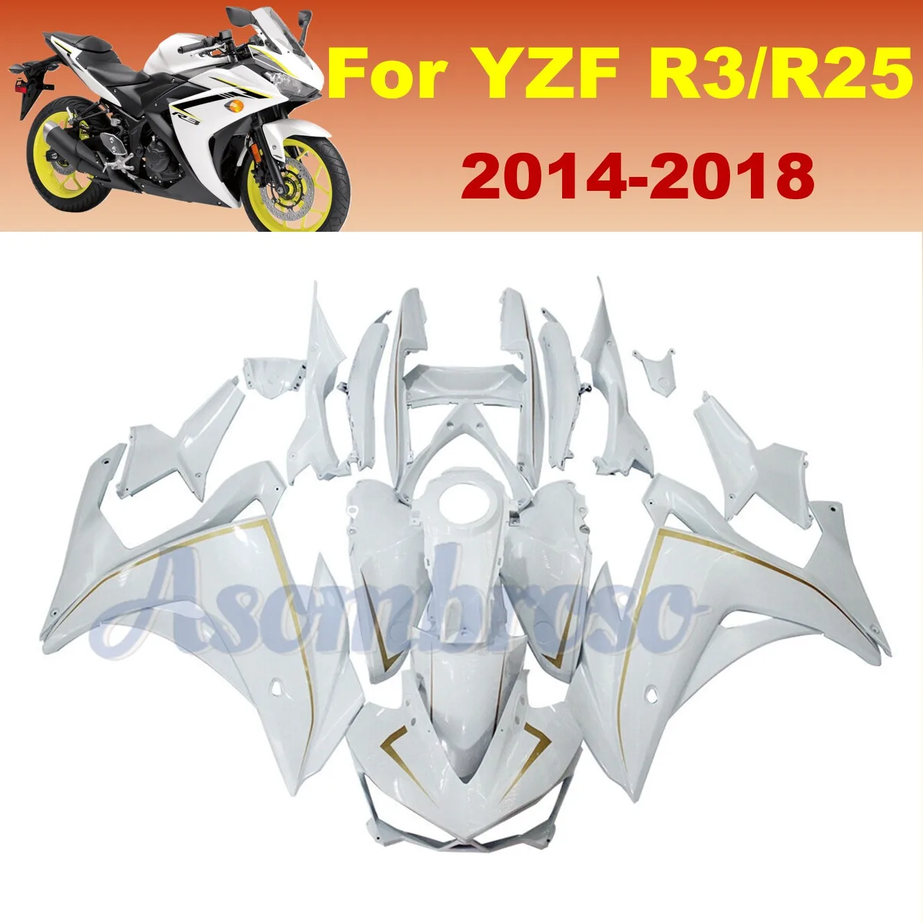

Полный комплект обтекателей для Yamaha YZF R25 2015-2018, YZF-R3 2014-2018, ABS-пластик, спортивный стиль для дорог | Кузовные элементы для мотоциклов | Линии в золоте
