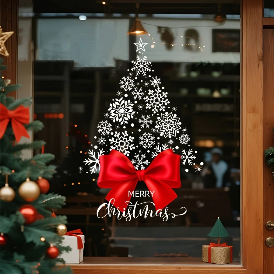 Rote Schleife, Weihnachtsschneeflocke, statisch haftender Fensteraufkleber, kein Kleber erforderlich, wiederverwendbarer Fensteraufkleber, einfach anzuwenden für die Heim- und Ladendekoration