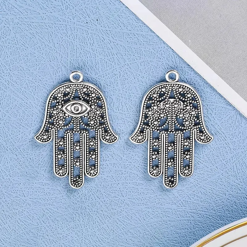 Pendentifs main de Fatima plaqués argent antique, 5/10 pièces, pour collier, breloques en alliage œil porte-bonheur, fournitures de fabrication de bijoux