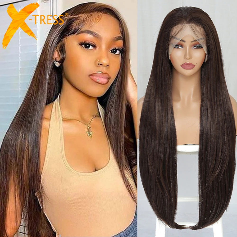 Peruki syntetyczne X-TRESS 13X6 Lace Front dla kobiet, jasnobrązowe, z dowolnym przedziałkiem, długie proste włosy, miękkie, naturalne, do codziennego użytku i modnych stylizacji.