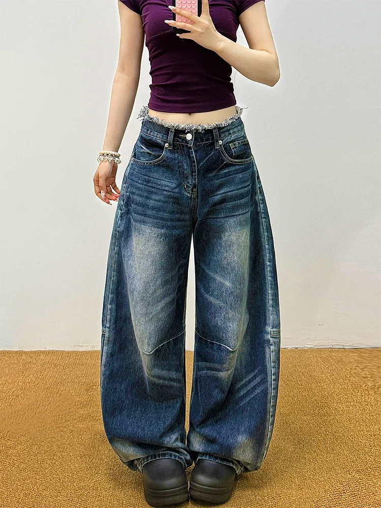 

High Waist Wide Leg Jeans Women's American Style Retro Design Straight Cut Denim Pants Large Size Loose Slim Fit Floor Le...