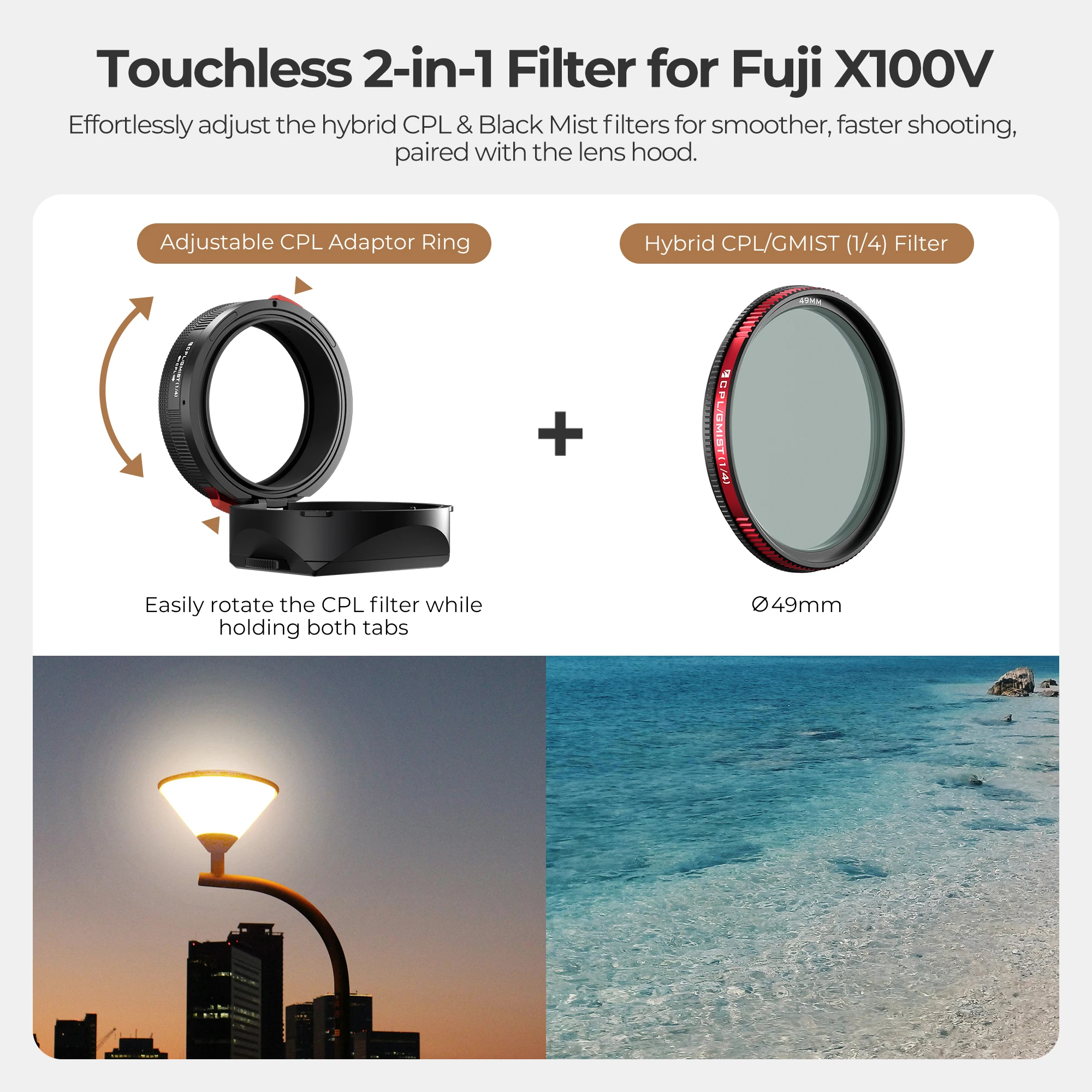 كاميرا Freewell Fuji X100VI عدسة مقربة 1.5x، عدسة ماكرو بزاوية واسعة، غطاء عدسة حقيقي، قبضة الإبهام وملحقات قبضة قوس L