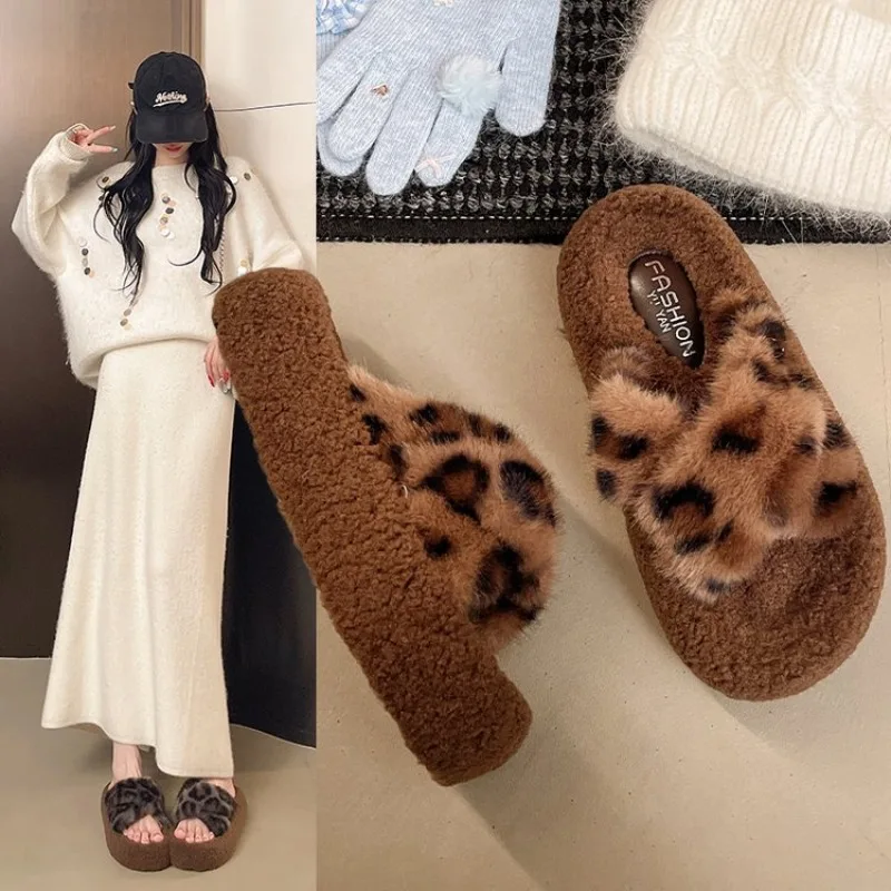 

Women’s Cross Band Fur Slippers Indoor Furry Fuzzy Open Toe Shoes Home Cozy Warm Slides Double Straps Slipper Soft Sole Non Slip