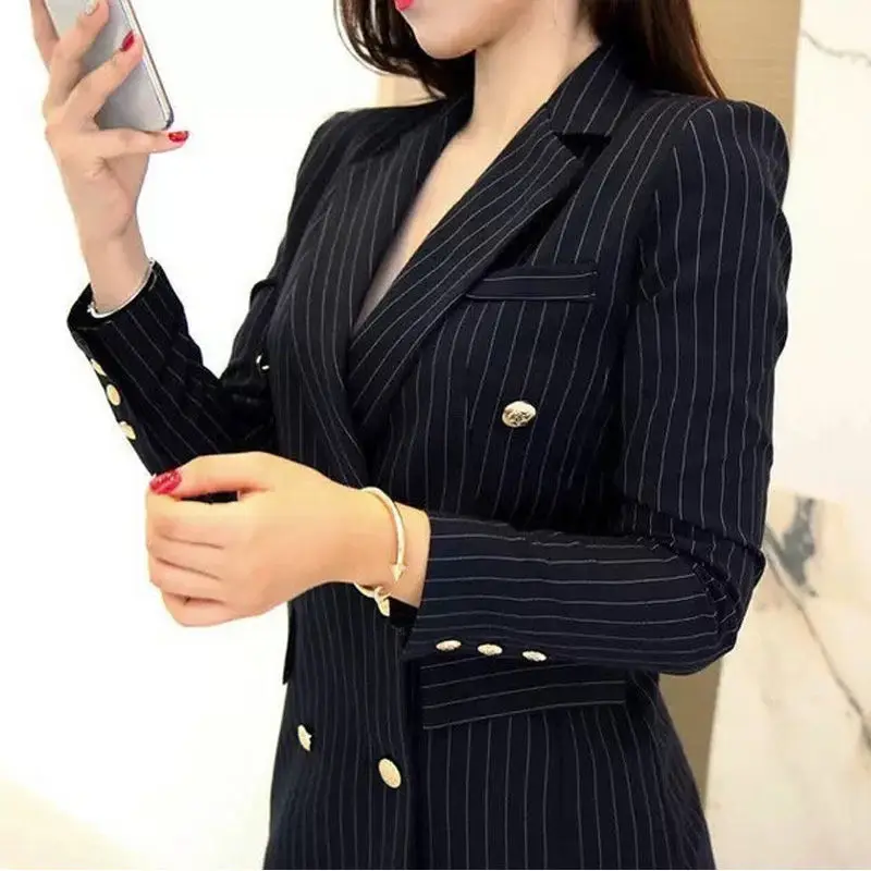 Women\'s Graceful Casual Blazer Long Pants 2 Piece Set Korean Elegant Stripe Button Coat High Waist Trousers Outfit Work Jacket