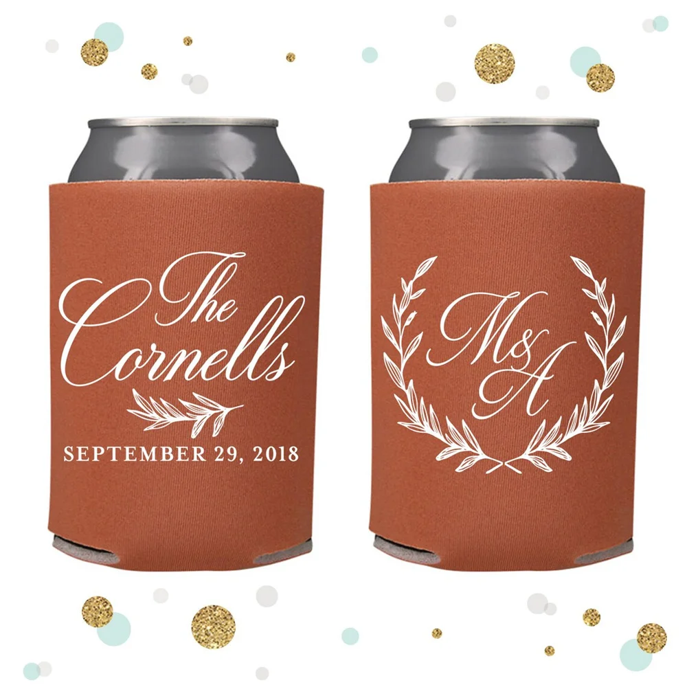 Wreath - Wedding Can Cooler #108R - Custom - Wedding Favors, Beverage Insulators, Beer Huggers