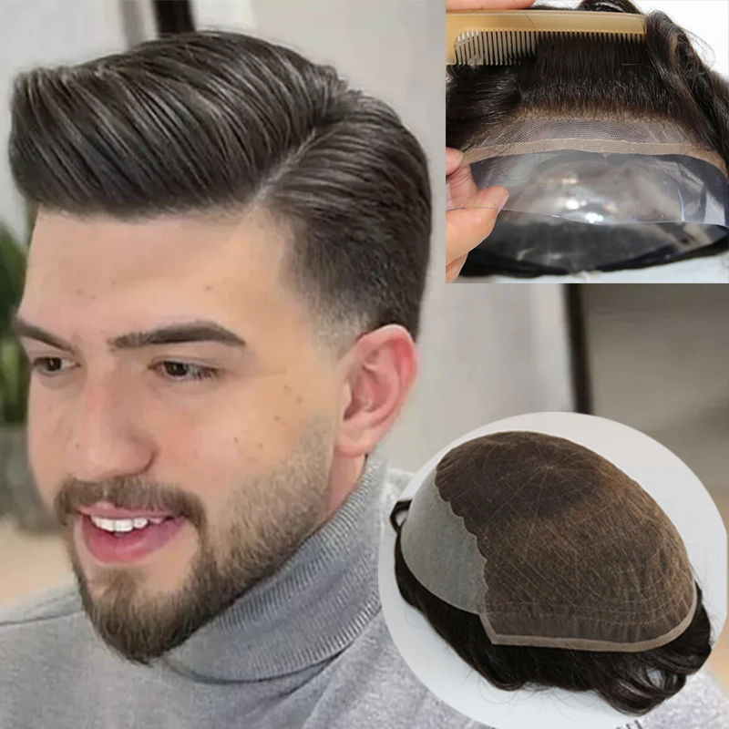 Super Breathable Natural Hairline Durable Q6 Lace&PU 100% Remy Human Hair Men Toupee Black Man Hair Wig Capillary Prosthesi Unit