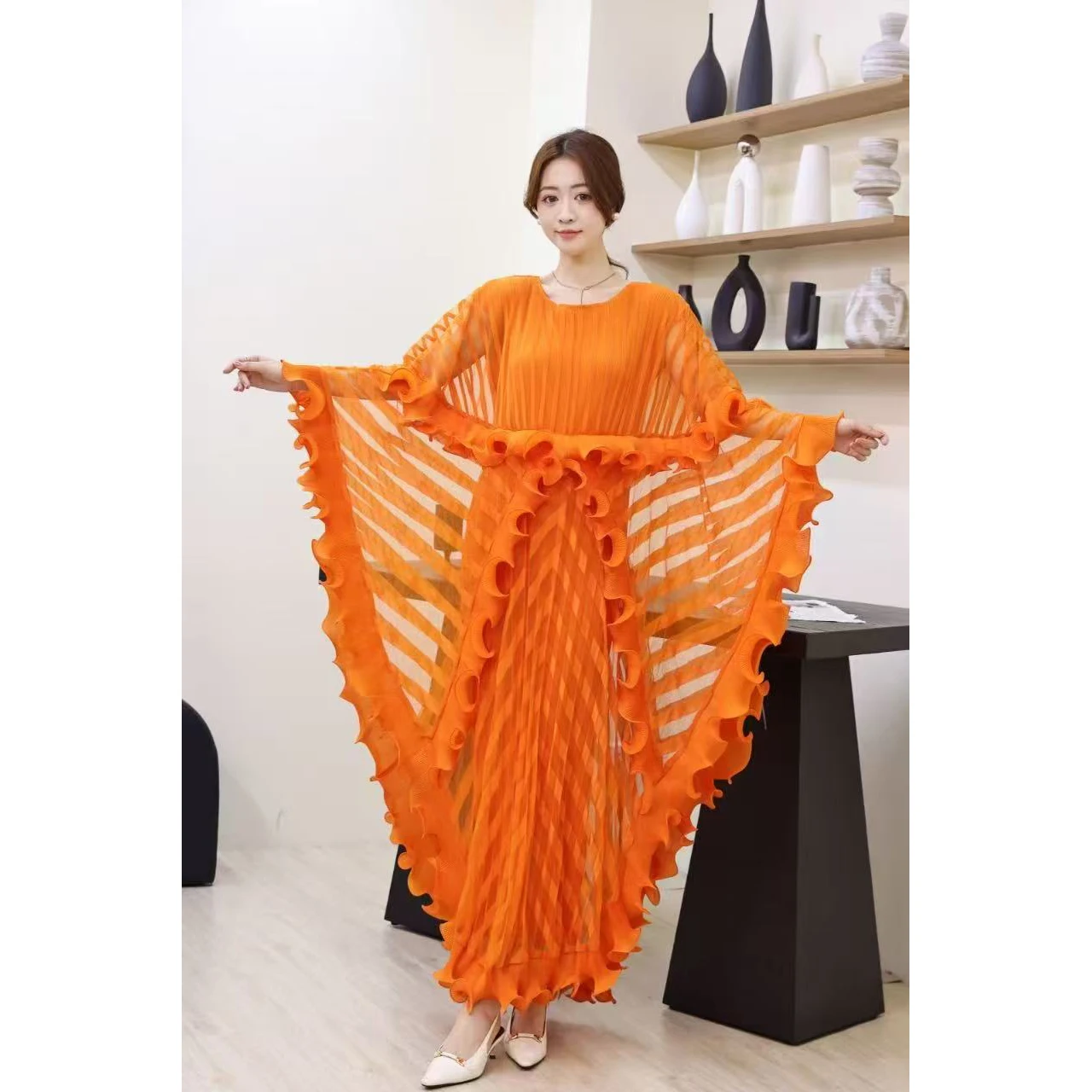 2025 Summer French Women's Clothing Fungus Edge Mesh Fake Two Irregular Design Pleated Long Dress Versatile