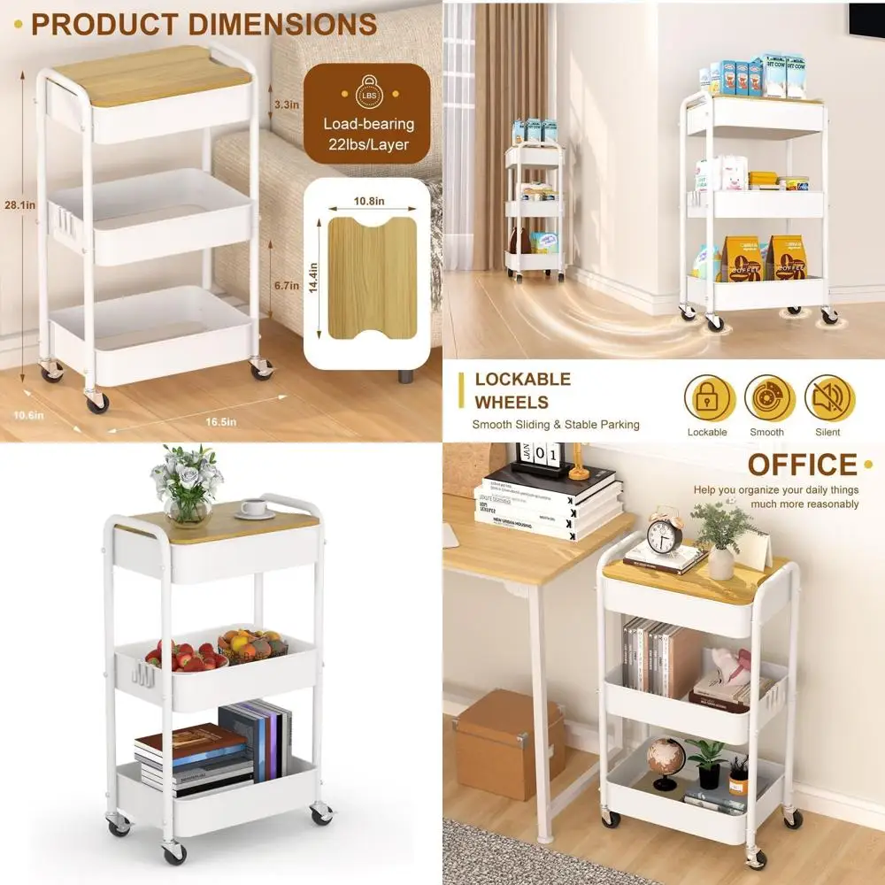 

Трехуровневая передвижная тележка для хранения с деревянной столешницей, блокирующимися колесами, для домашнего офиса (белая)