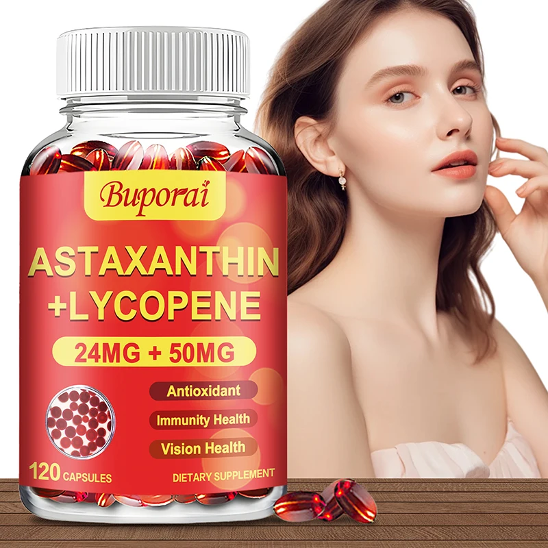 

Astaxanthin + Lycopene Capsules - Antioxidant, Delay Aging, Support Skin Elasticity, Promotes Heart Health and Blood Circulation