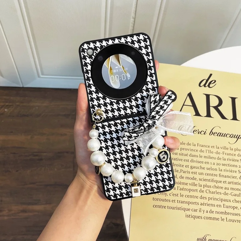 

For Nubia Flip 2 Phone Case Women Small Chanel Style Houndstooth Texture Leather Crossbody Strap Handheld Cover Compatible